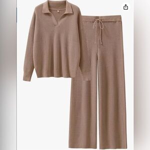 Amazon Women's Knit Polo Sweater & Drawstring Wide-Leg Pants in Taupe